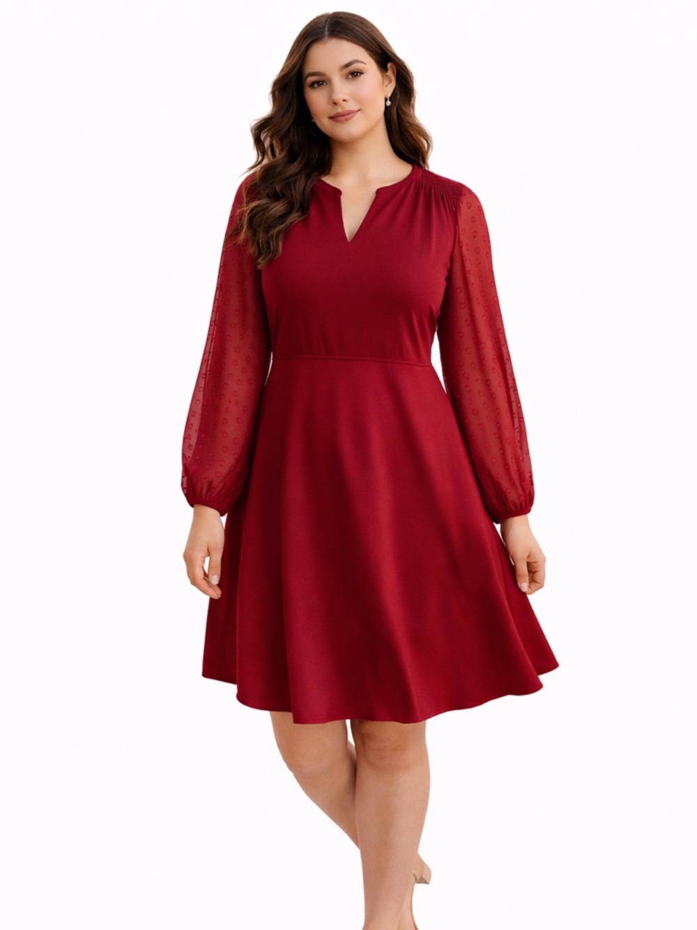 Ann Taylor Rich Red Long Sheer Textured Sleeve Dress